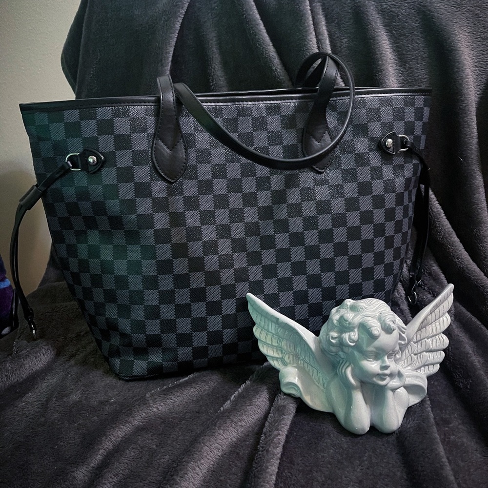 PU Leather Checkered Tote and Coin Purse
